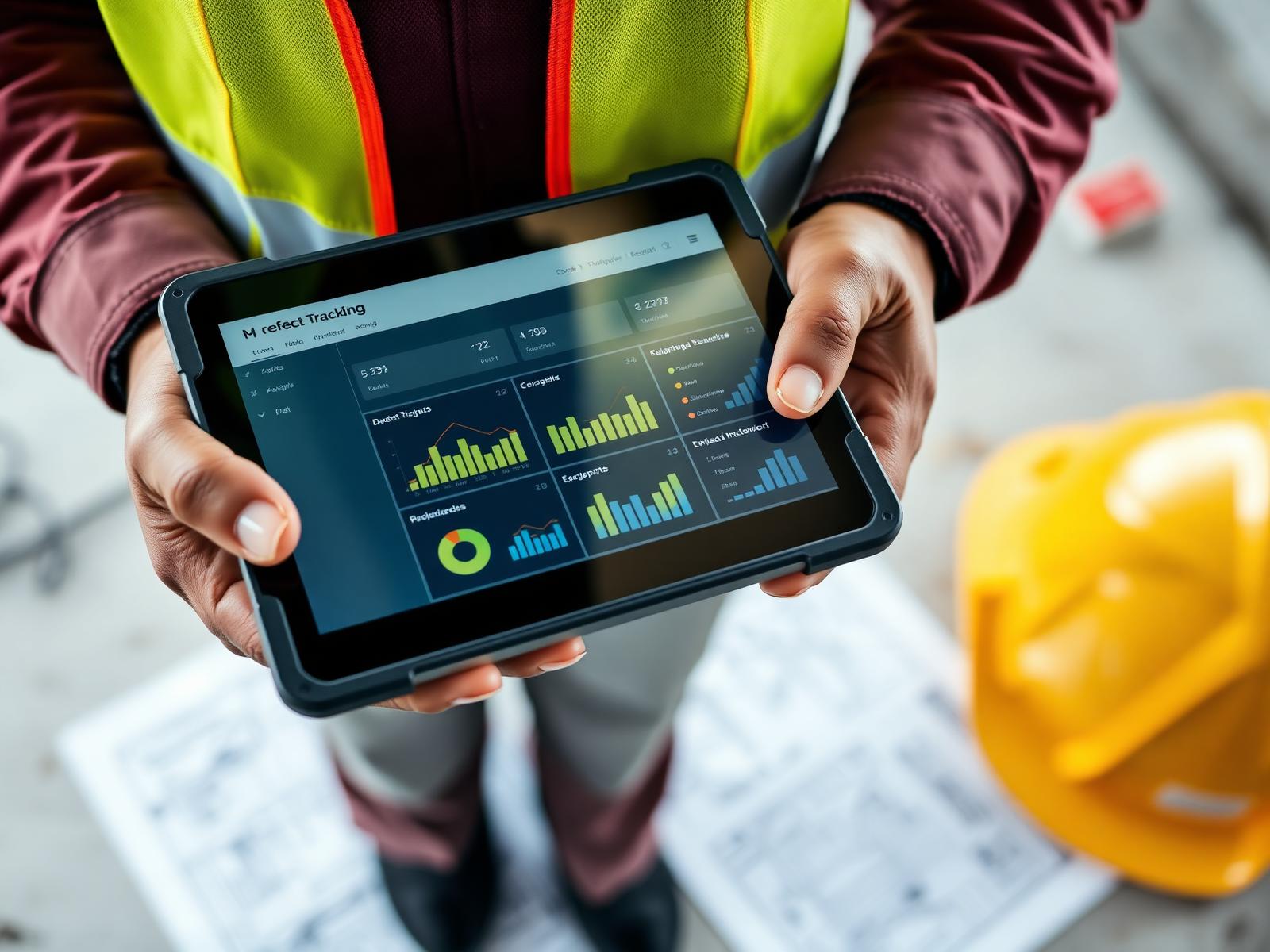 Construction manager using a tablet with the defect tracking dashboard on a job site